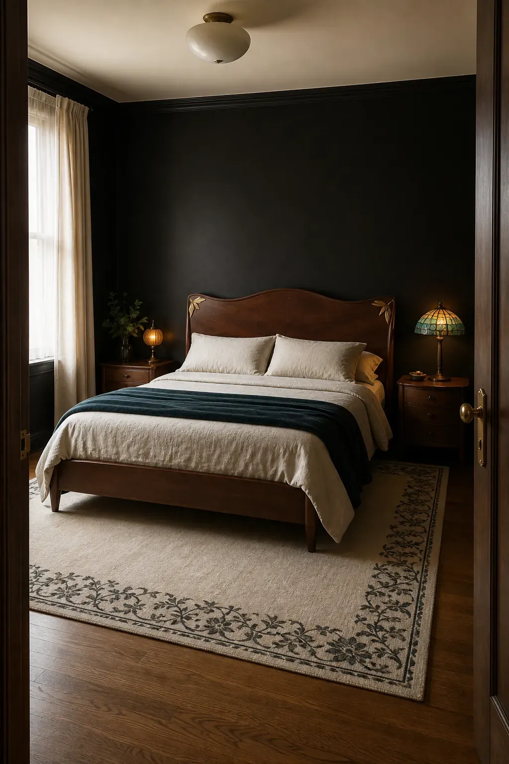 Elegant black nouveau bedroom with curved walnut bed and jewel-toned glass