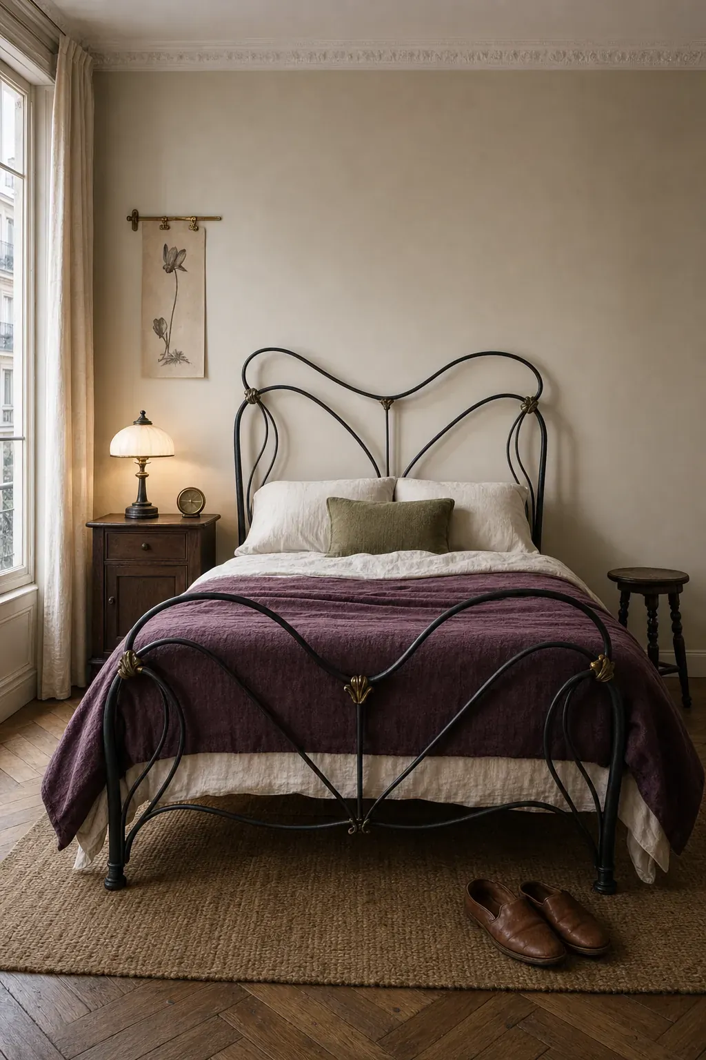 Wrought iron bed with flowing Art Nouveau curves