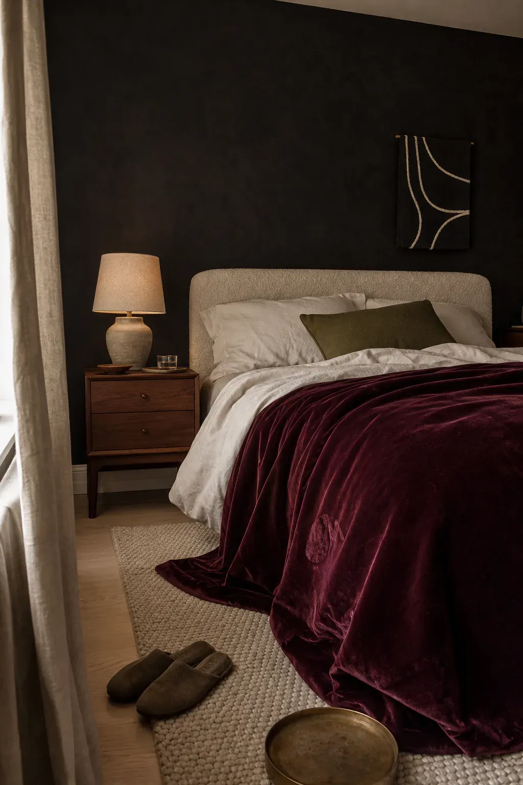 Oxblood velvet coverlet layered over ivory linen in a black bedroom