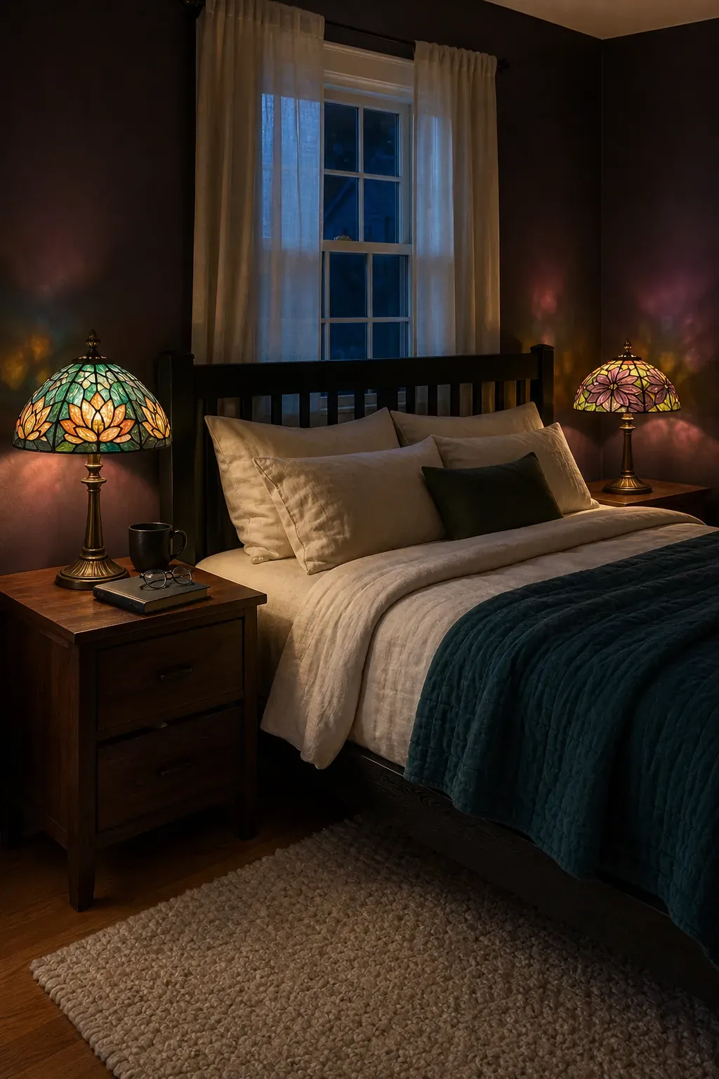 Teal amber and plum stained-glass bedside lamps in a dark bedroom