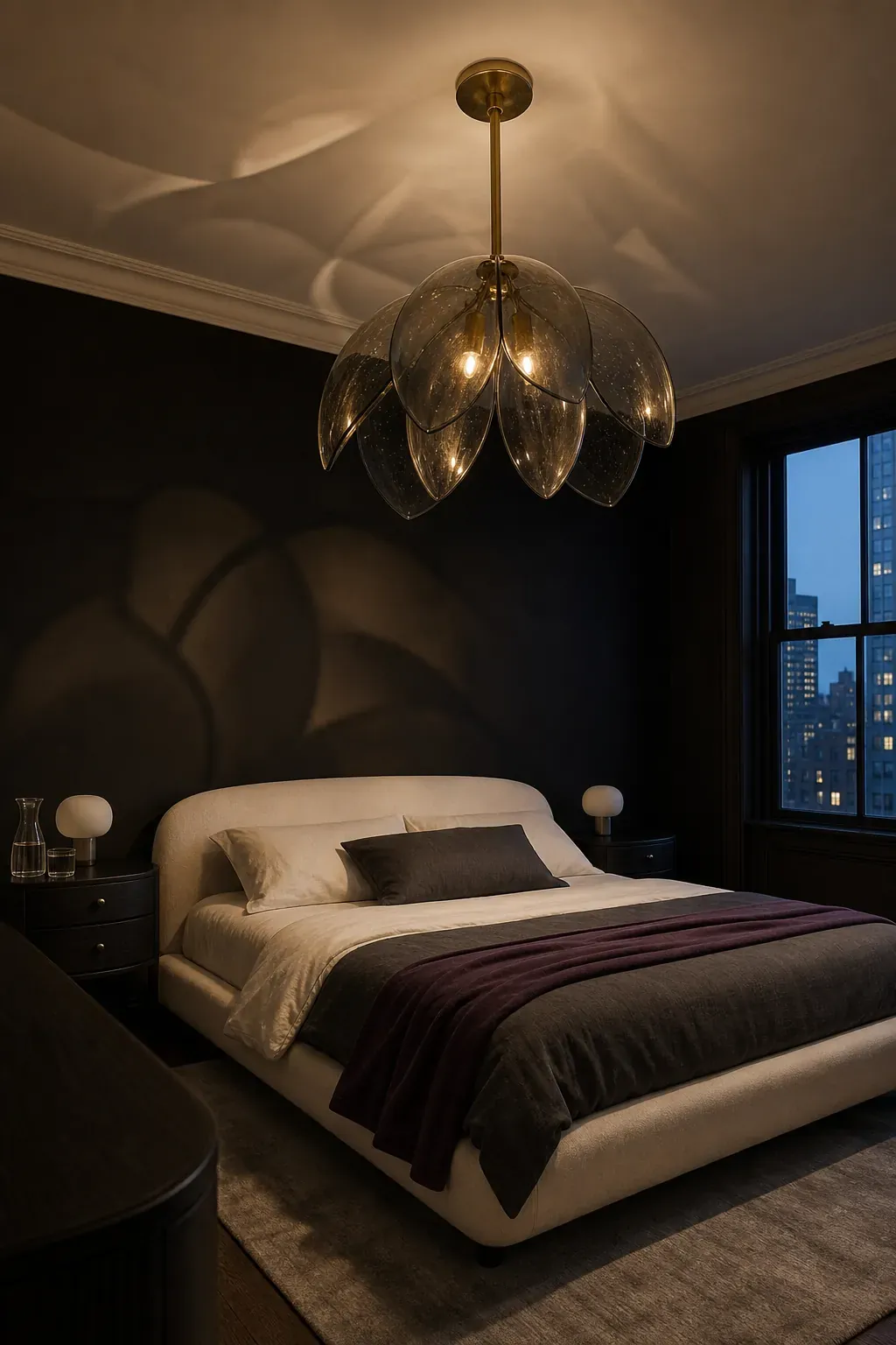 Smoked glass petal pendant lighting a black nouveau bedroom