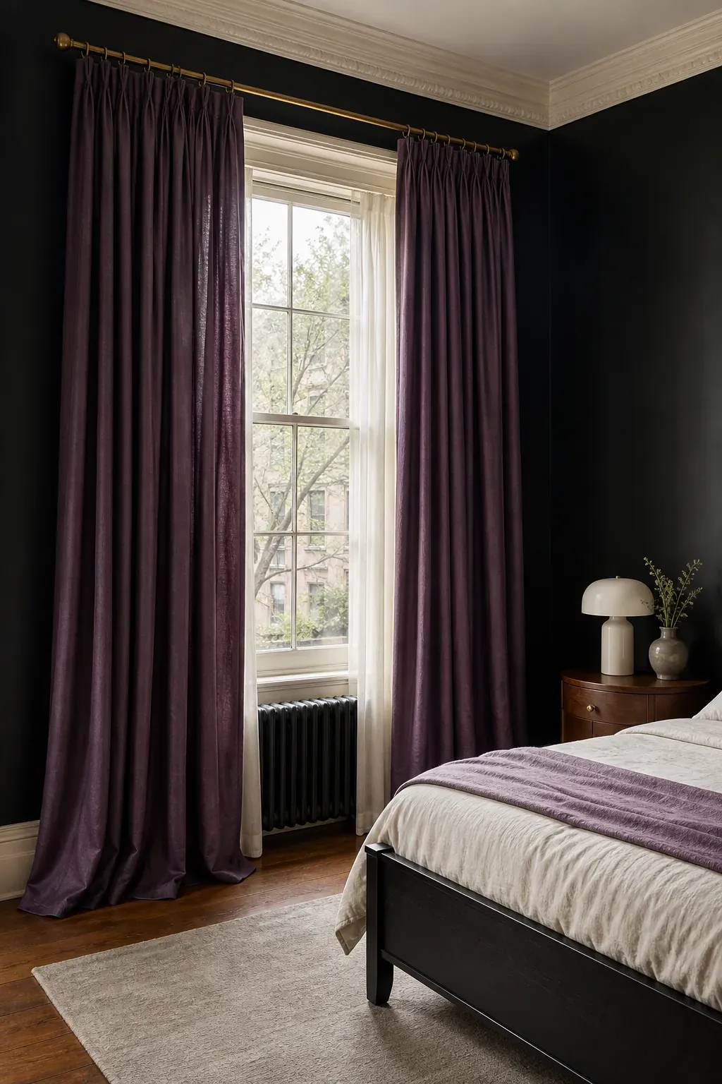 Long plum curtains softening black bedroom walls