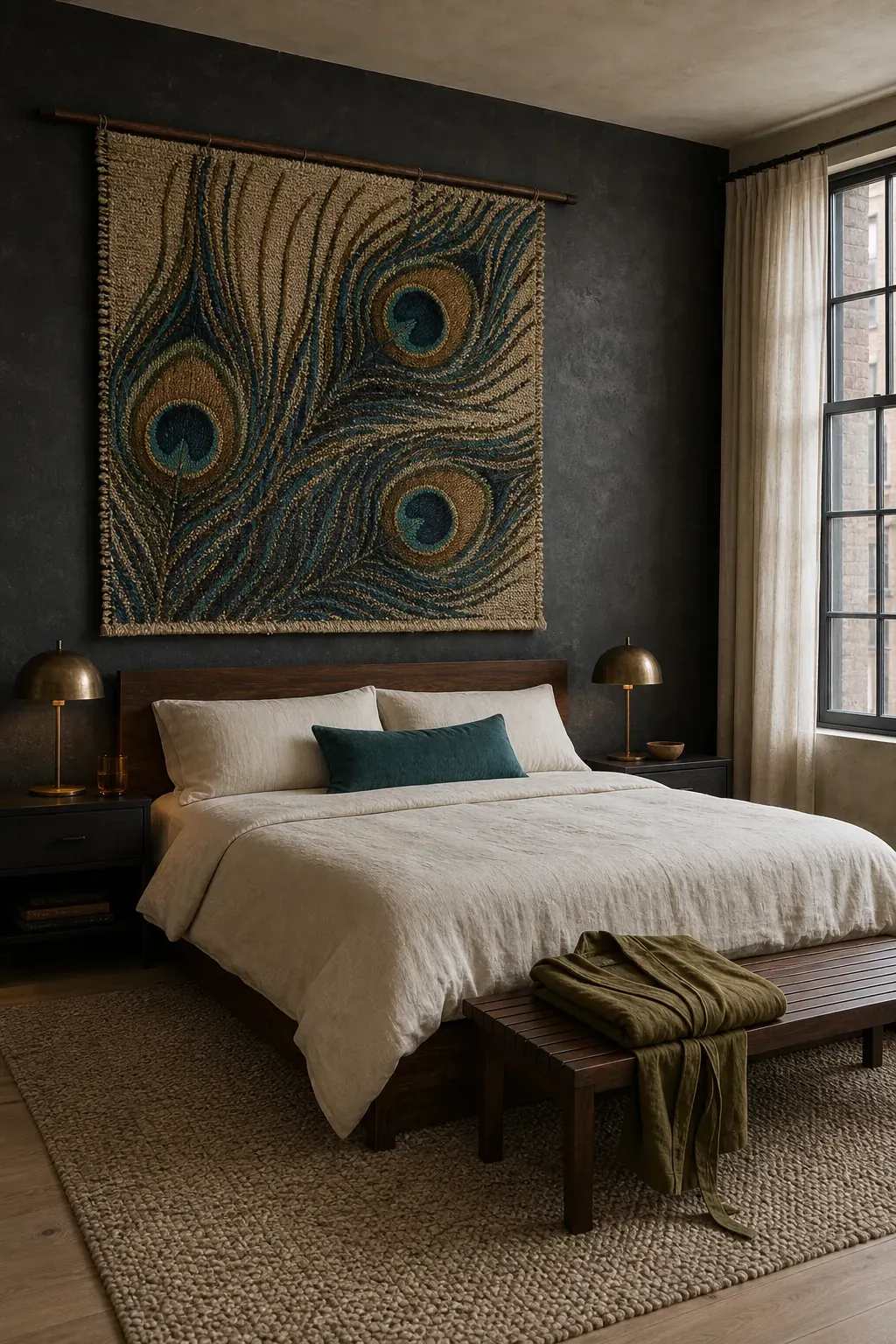 Peacock-feather textile panel above a dark bedroom bed
