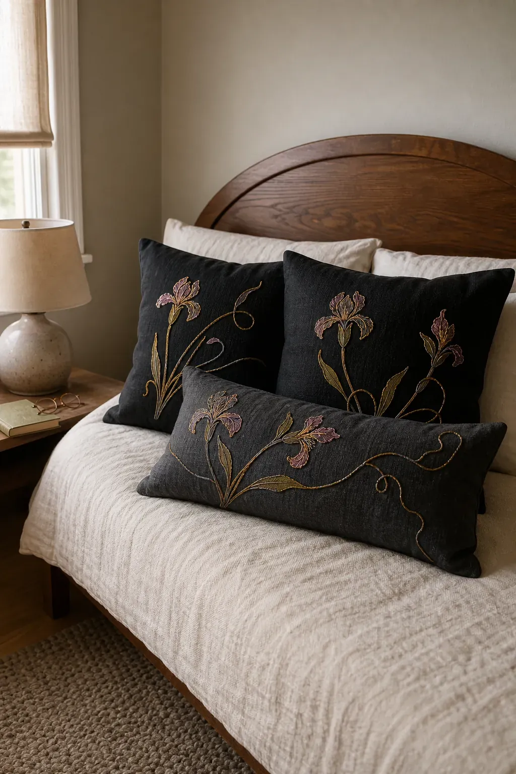 Black linen pillows embroidered with Art Nouveau iris stems