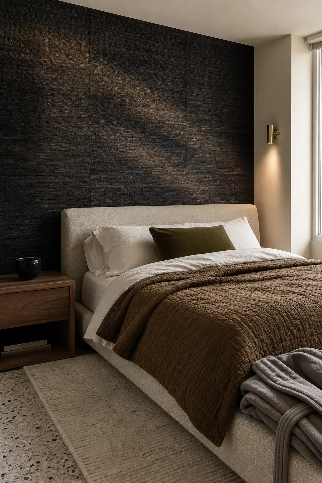 Textured black grasscloth wall illuminated beside a bed