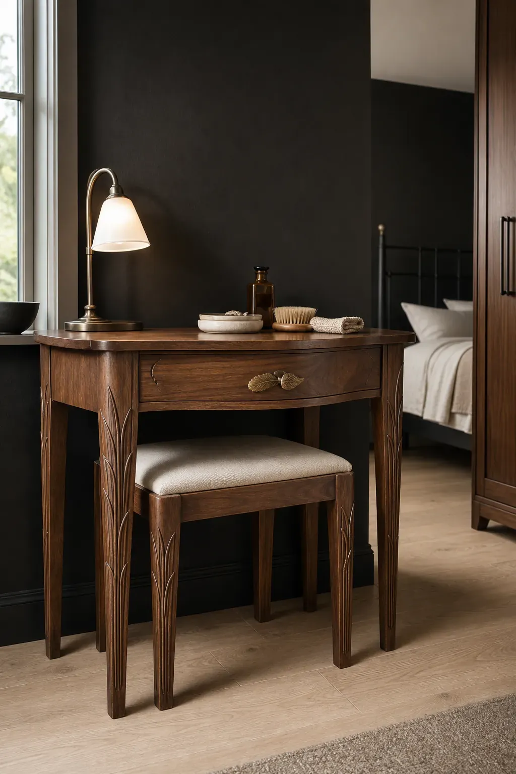 Walnut vanity with carved botanical legs in a dark bedroom