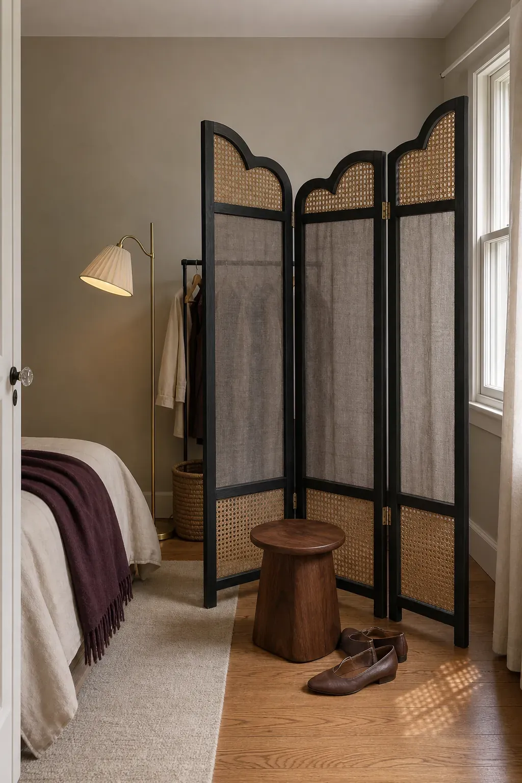 Scalloped black folding screen defining a bedroom dressing corner