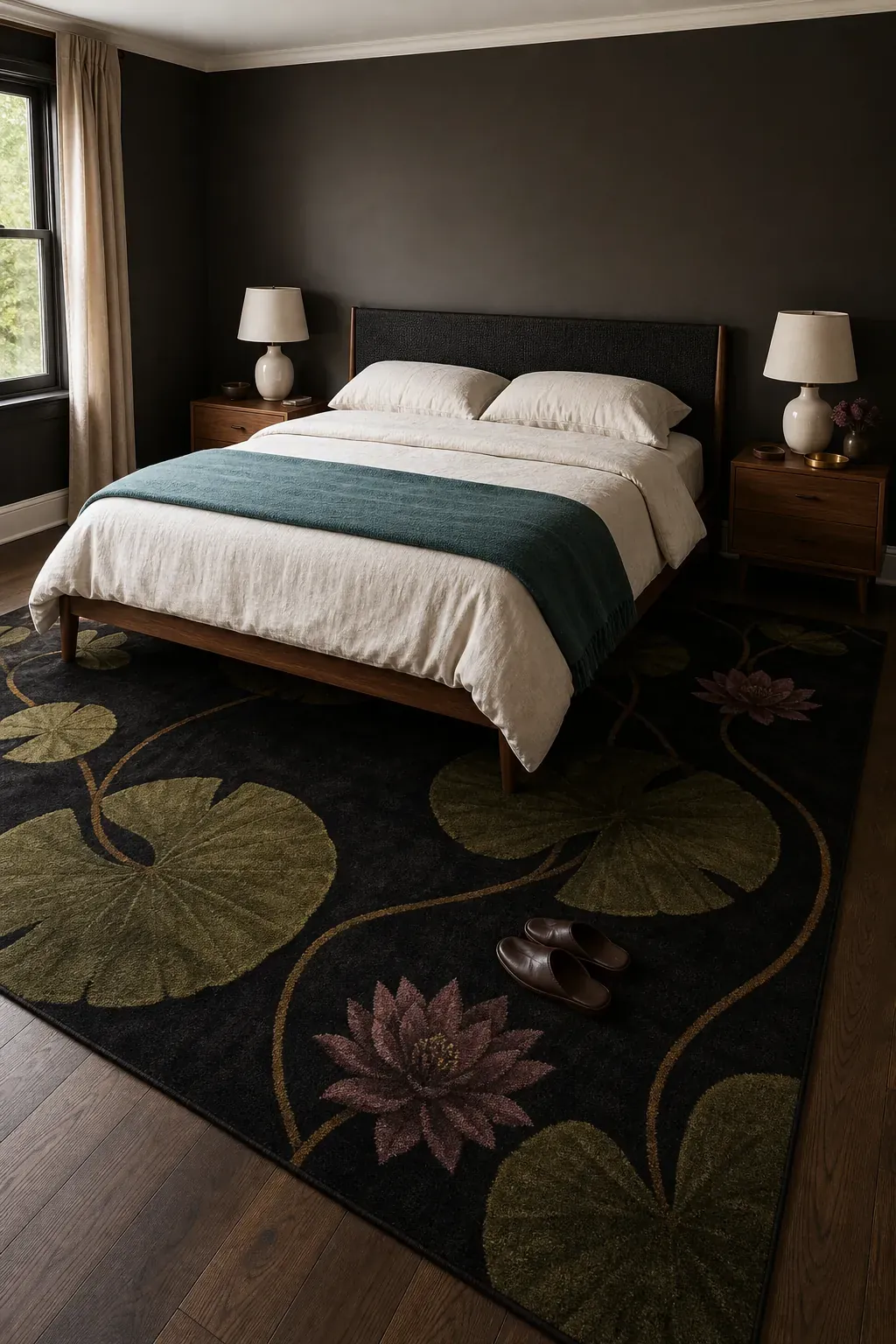 Dark water-lily floral rug grounding a black nouveau bedroom