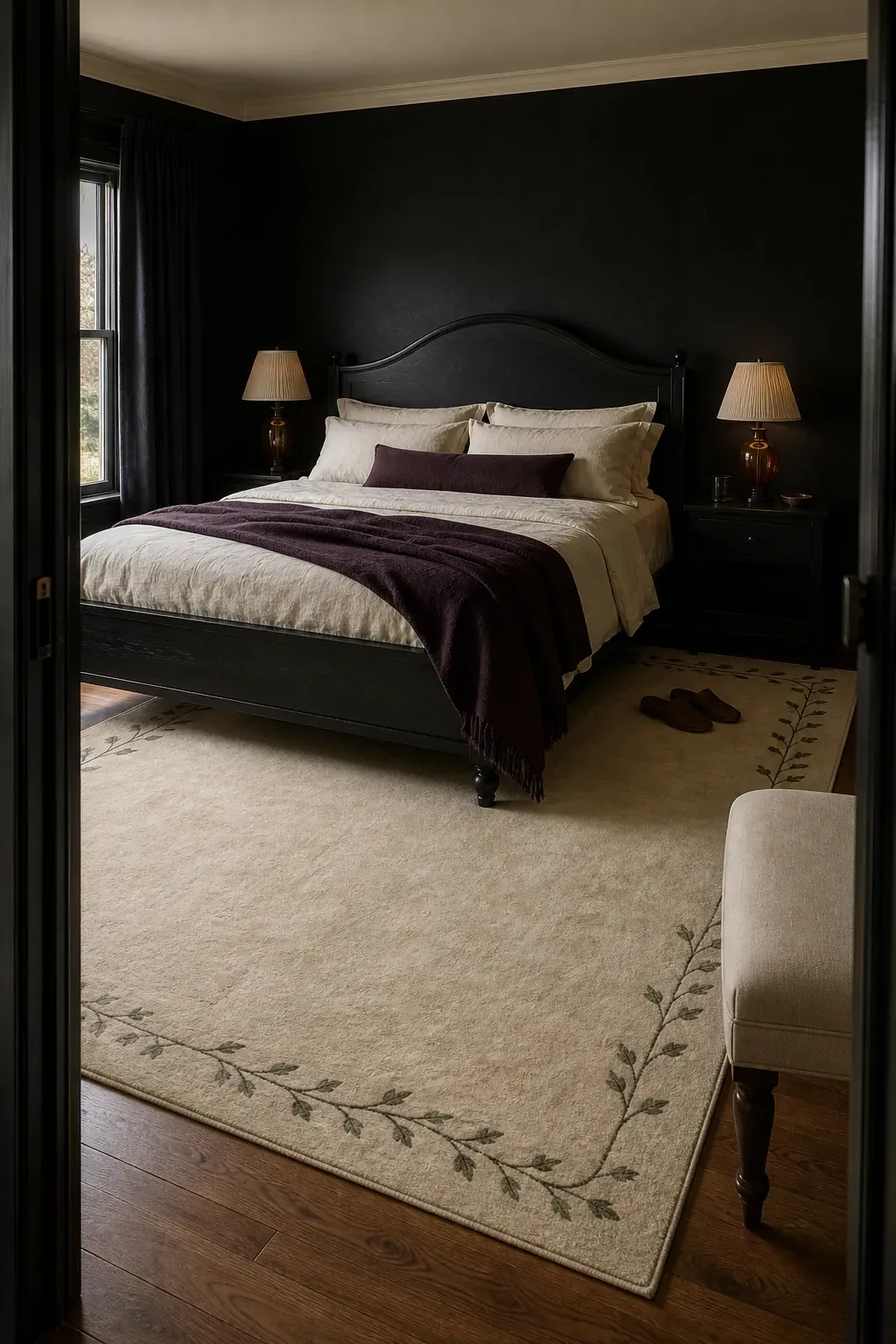 Pale rug balancing black walls and furniture in a nouveau bedroom
