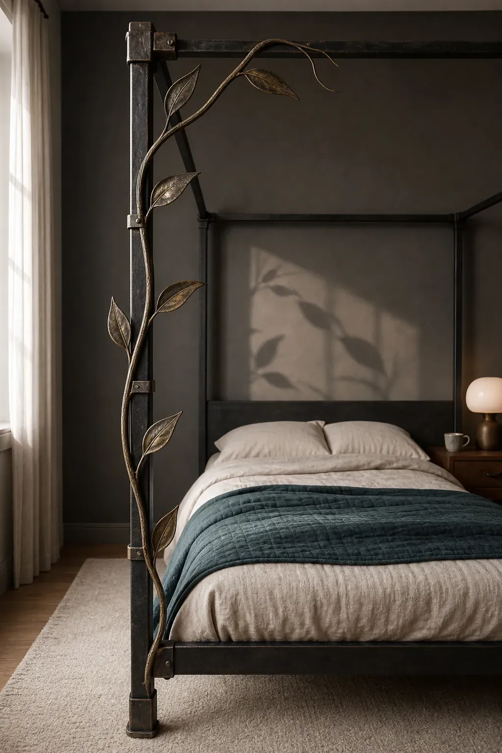 Sparse bronze vine detail tracing a dark bedroom bed frame