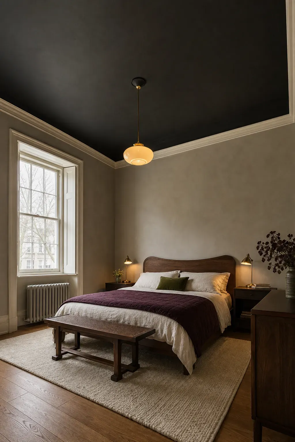 Black ceiling above warm gray walls in a tall romantic bedroom