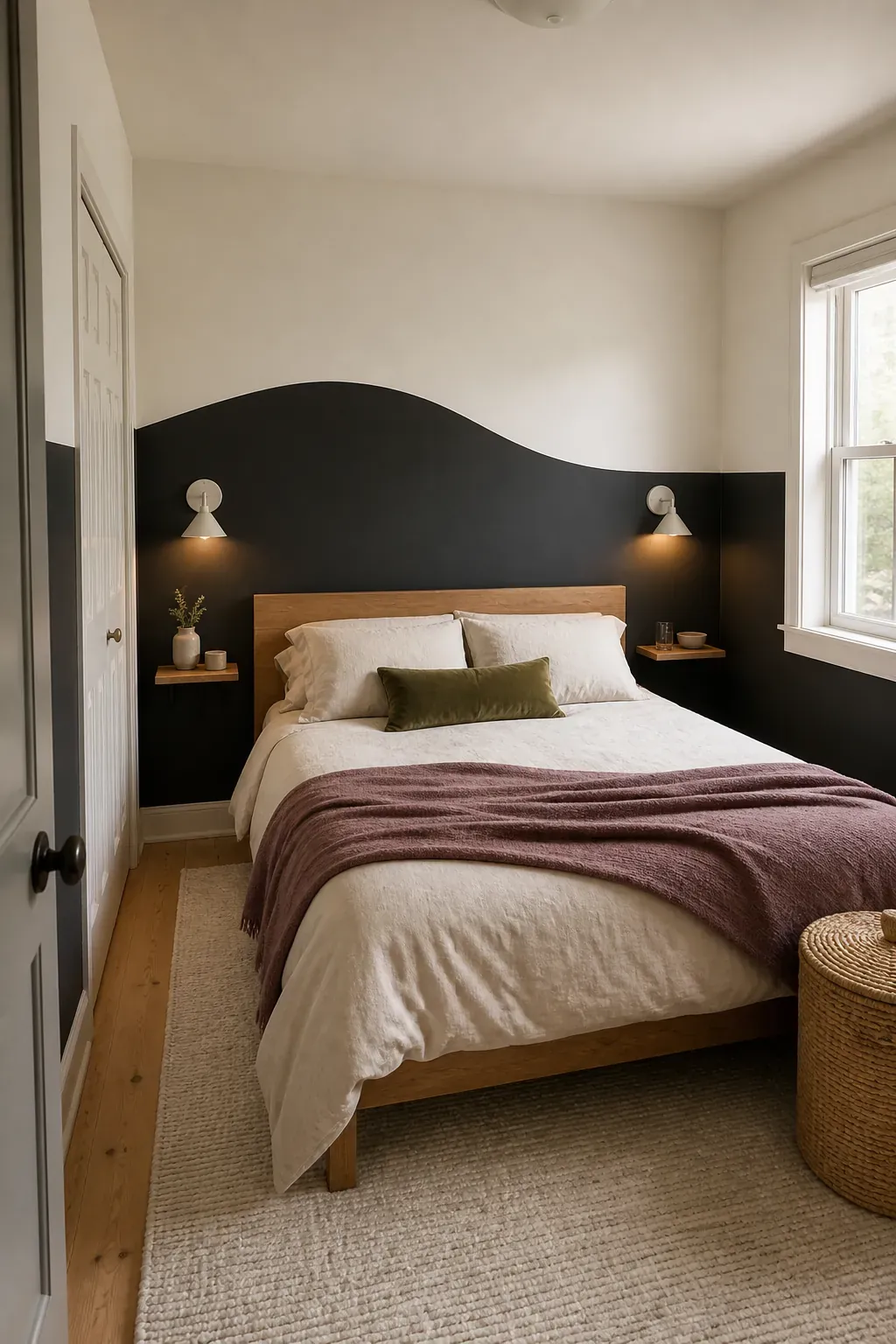 Small bedroom with a curved charcoal half-wall and light upper walls