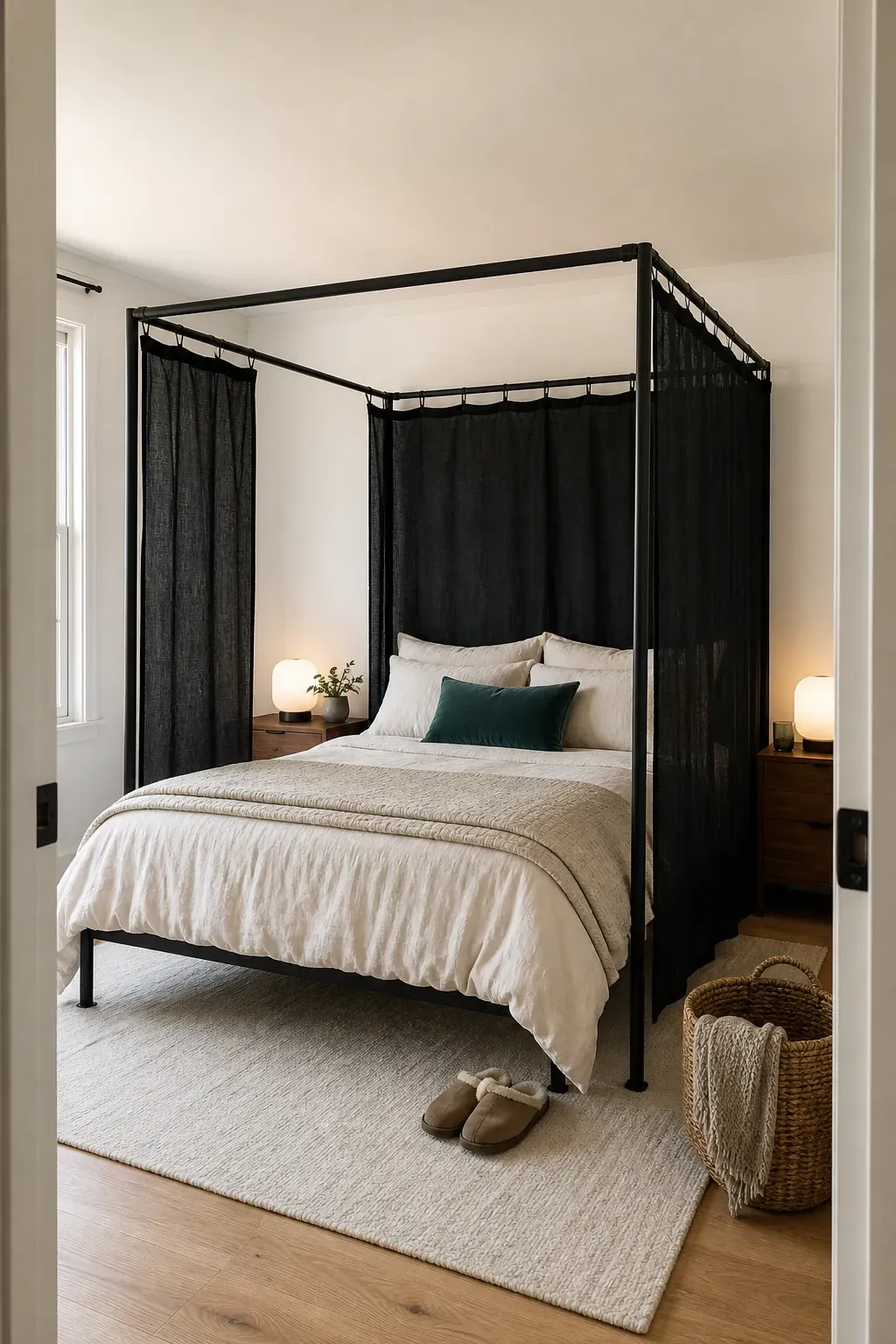 Removable black linen canopy surrounding a cream bed