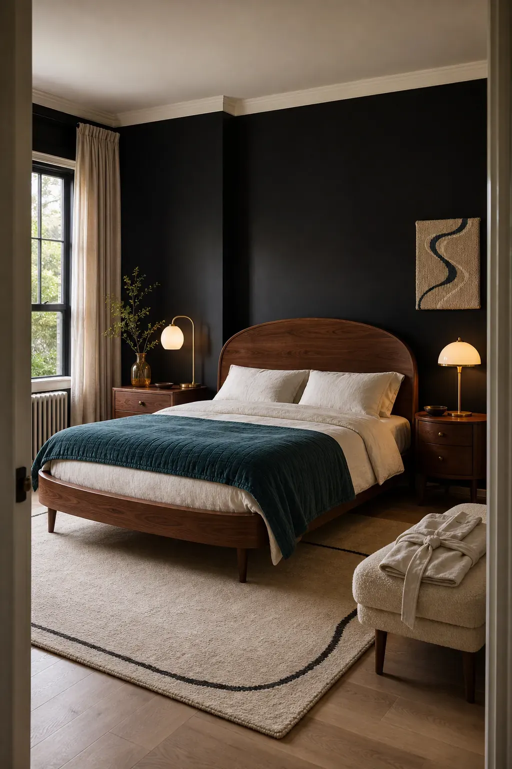 Balanced black nouveau bedroom in black cream walnut and muted teal