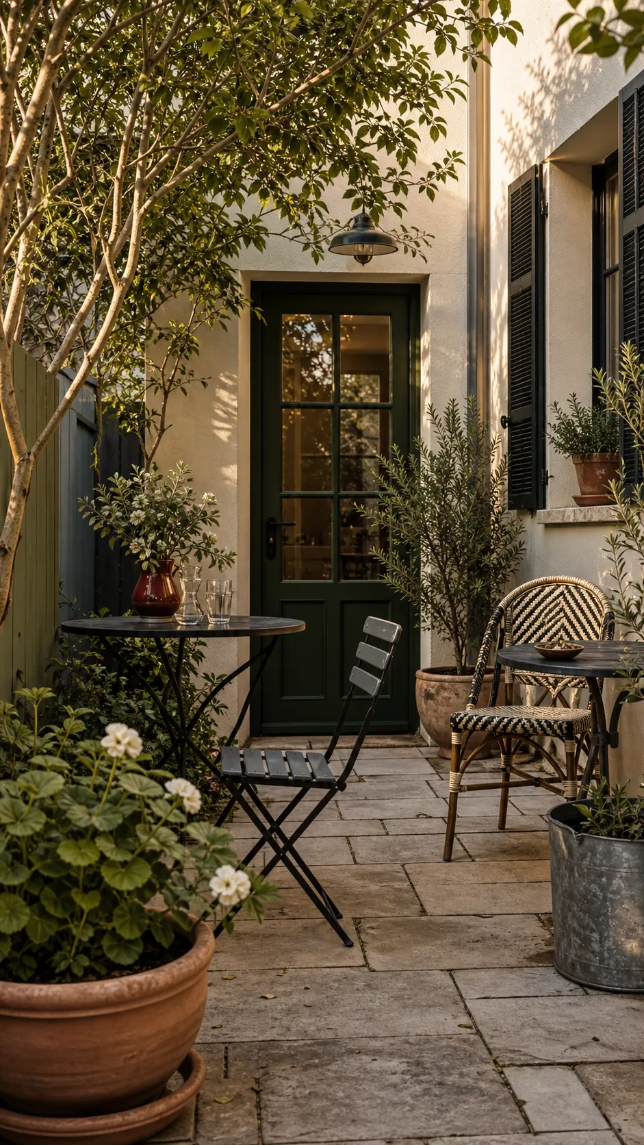 Charming French bistro patio with woven café chairs and a petite table