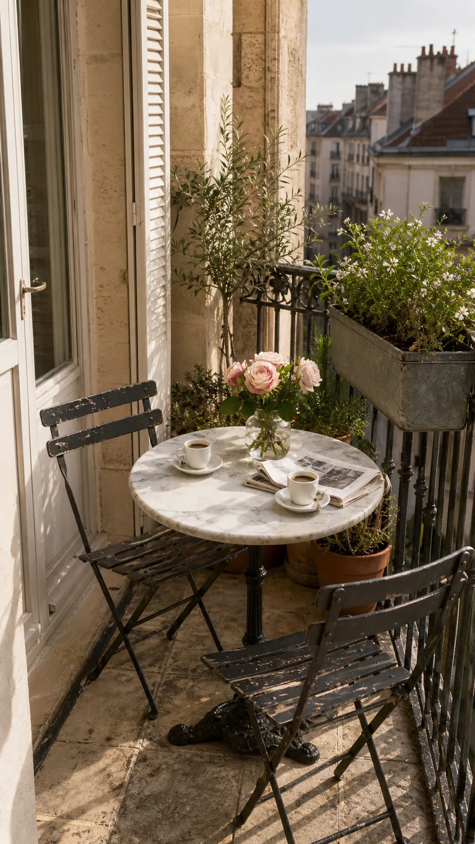 Tiny round marble café table arranged on a compact French-style terrace