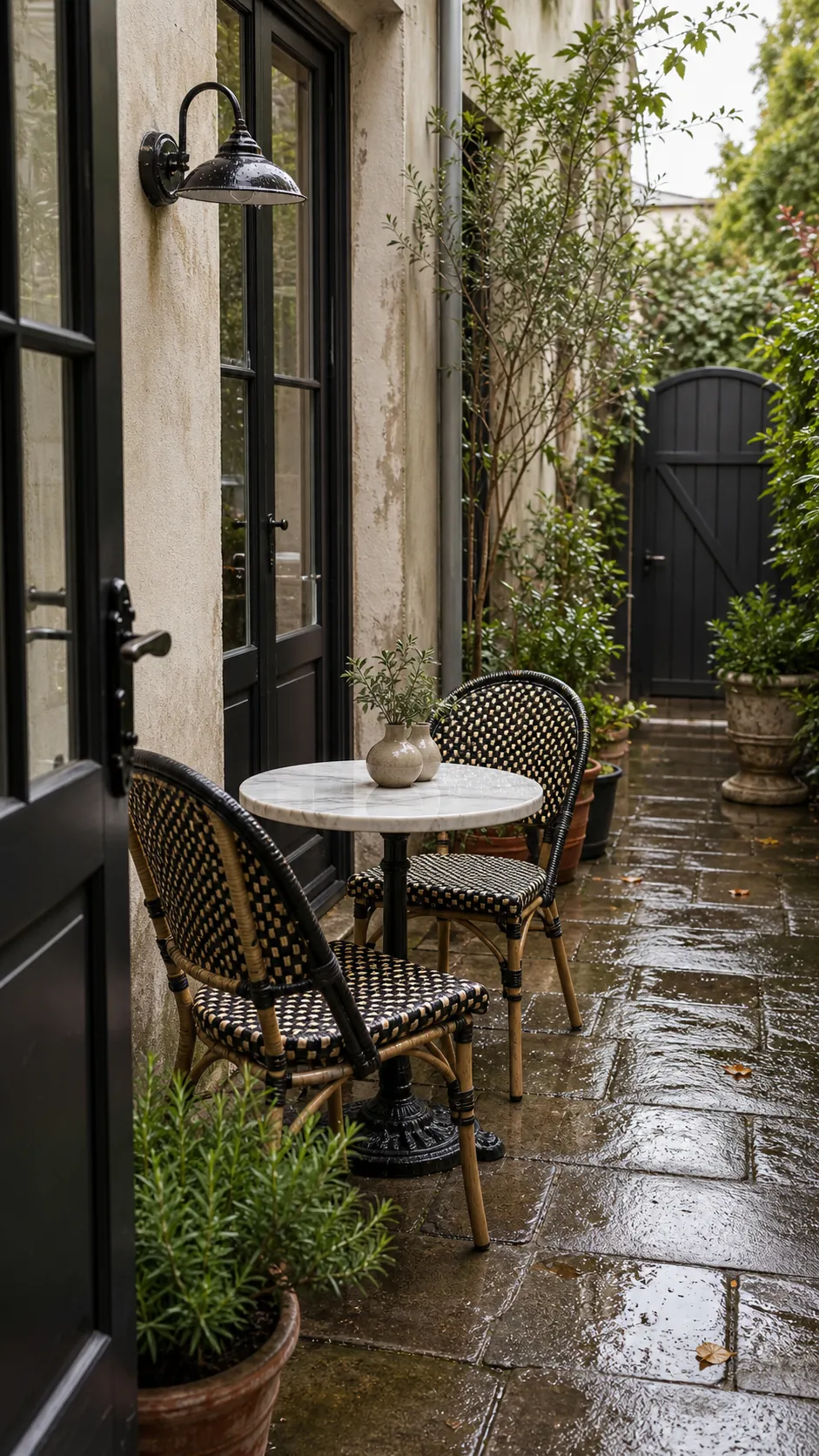 Weather-ready woven French bistro chairs beside a small round patio table