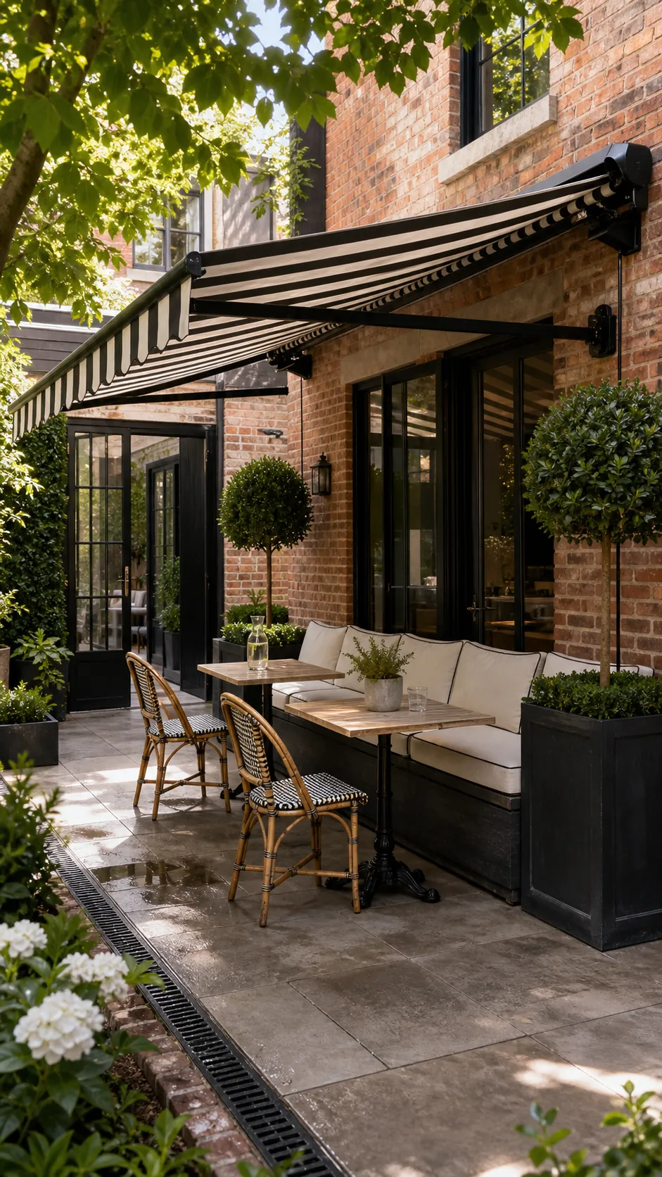 Black and cream striped awning shading a French bistro patio