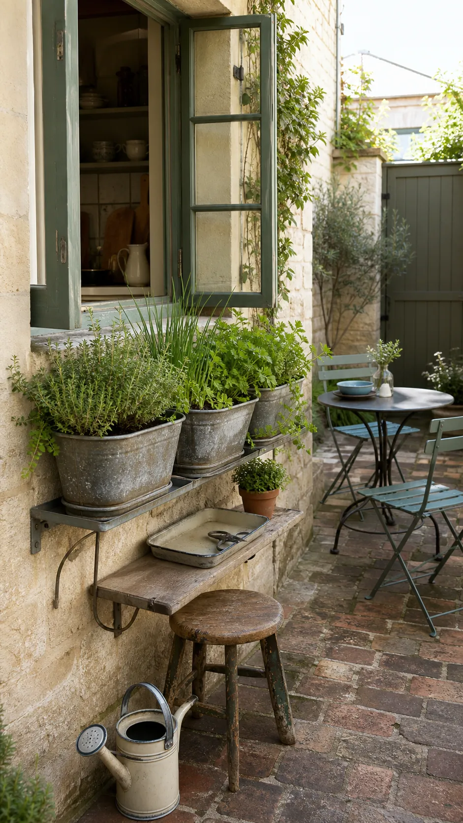 French bistro patio window boxes planted with useful culinary herbs