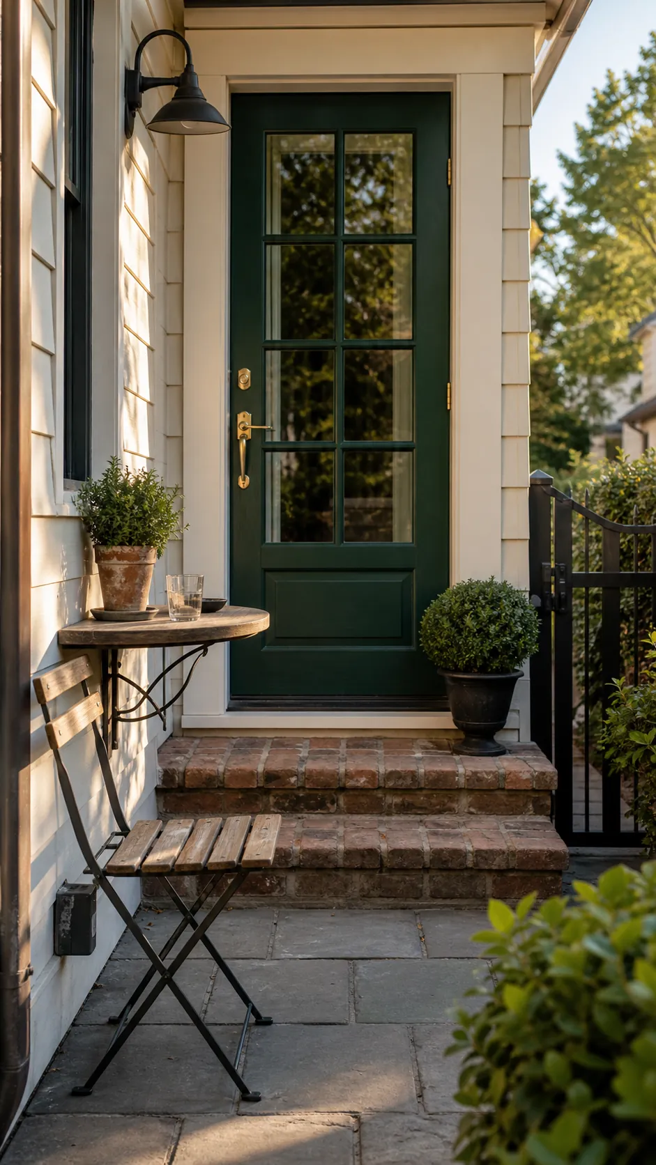 Deep green French door anchoring a modest bistro-style patio
