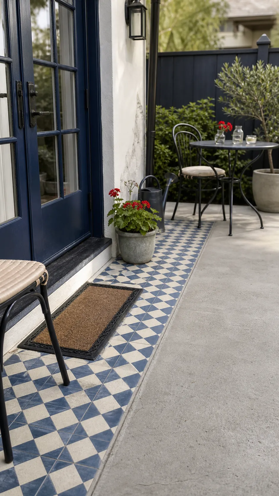 Patterned tiled threshold introducing French café style to a plain patio