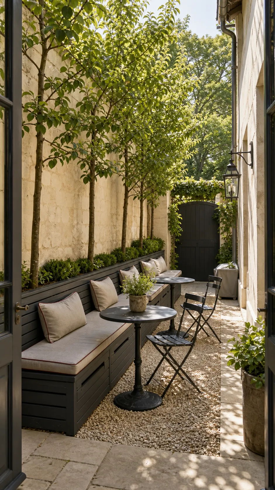 Space-saving built-in banquette along a French-inspired courtyard wall
