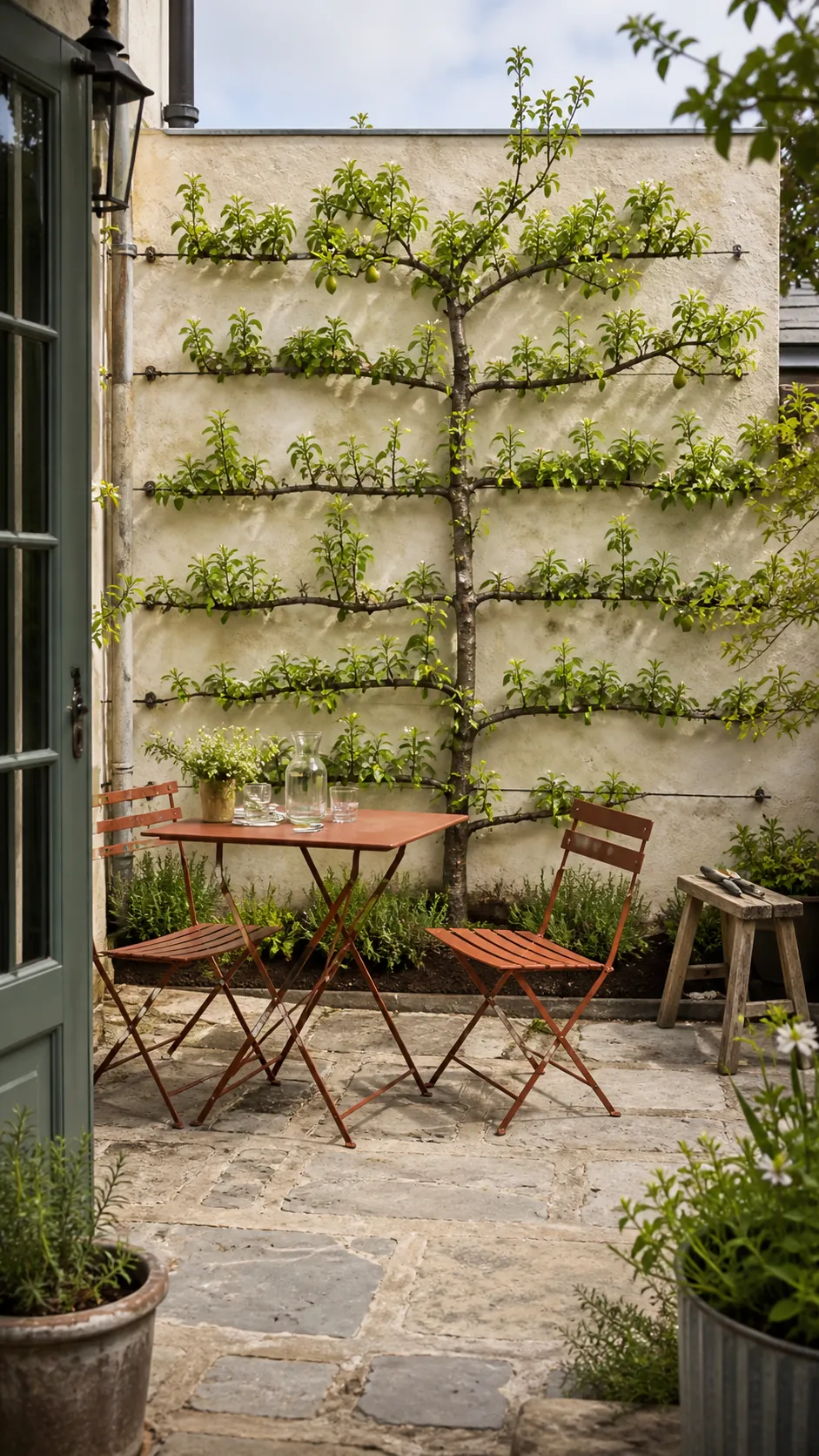 Espalier fruit tree forming a living backdrop behind a bistro table