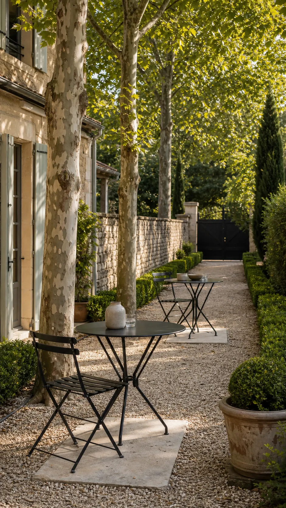 Gravel lane with small café tables creating a relaxed French patio