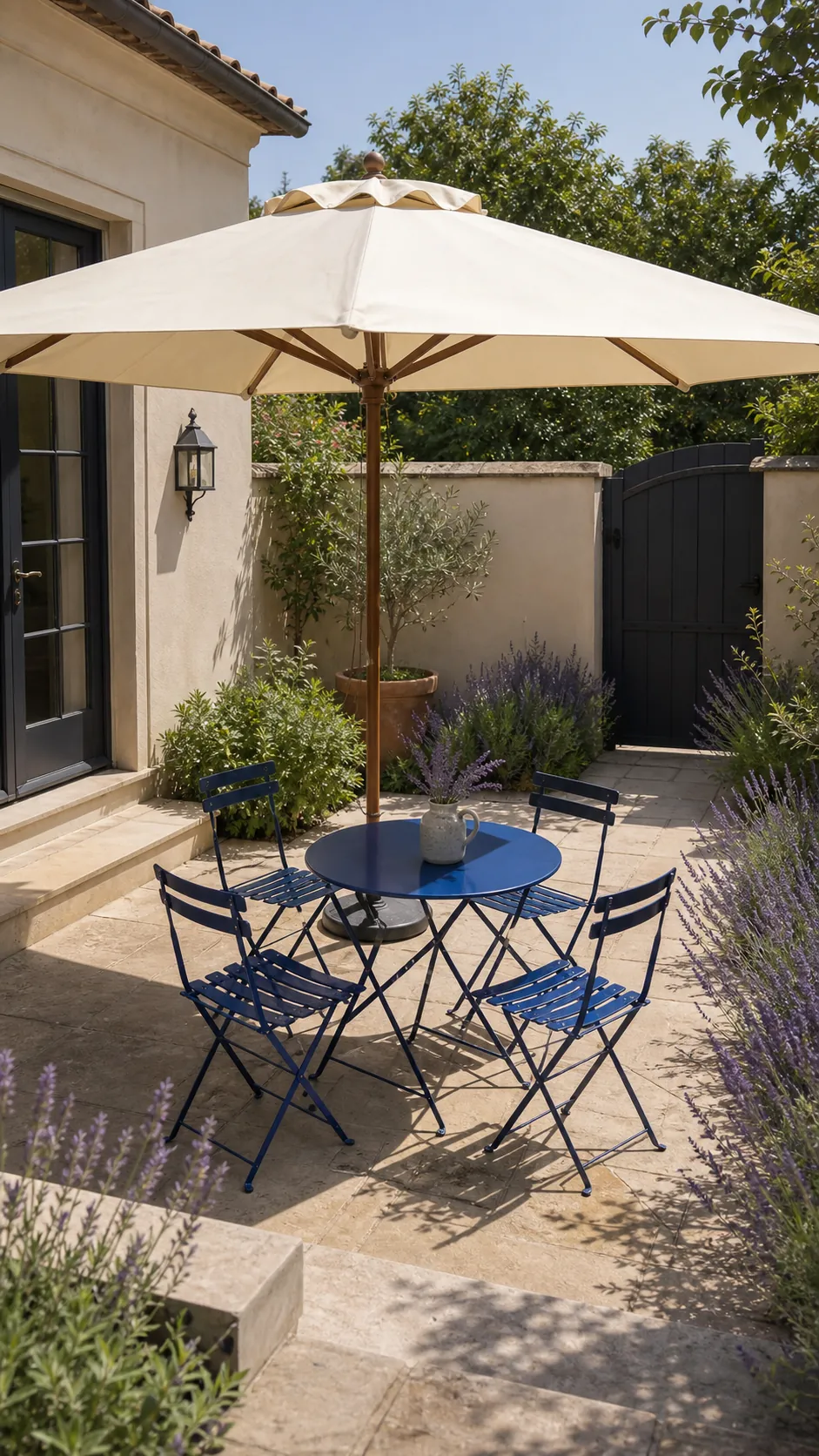 Cream market umbrella shading a sunny French bistro patio