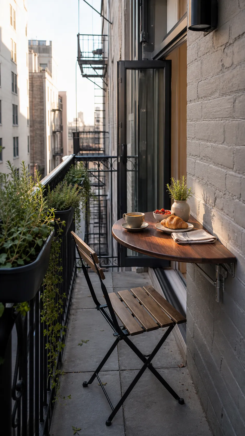 Wall-mounted fold-down café table on a very narrow patio