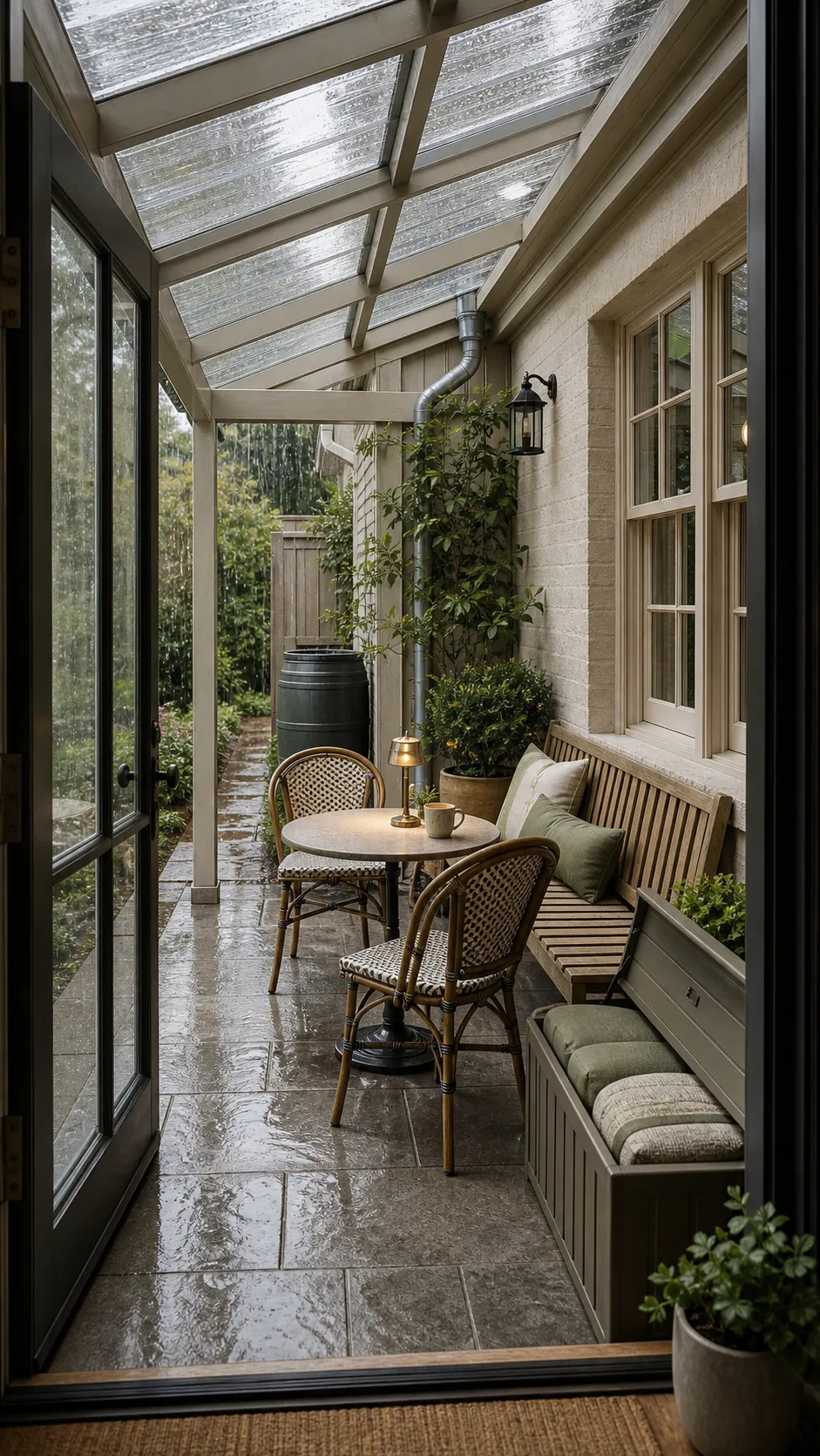 Rain-ready covered nook with French bistro furniture and clear drainage