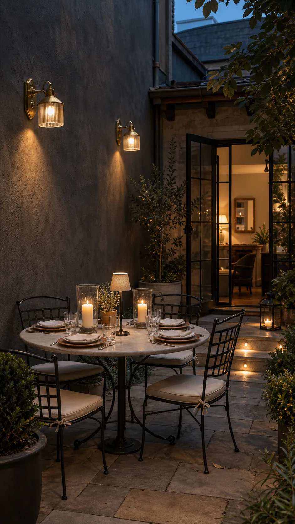 Warm wall sconces and candles lighting a French bistro patio at dusk