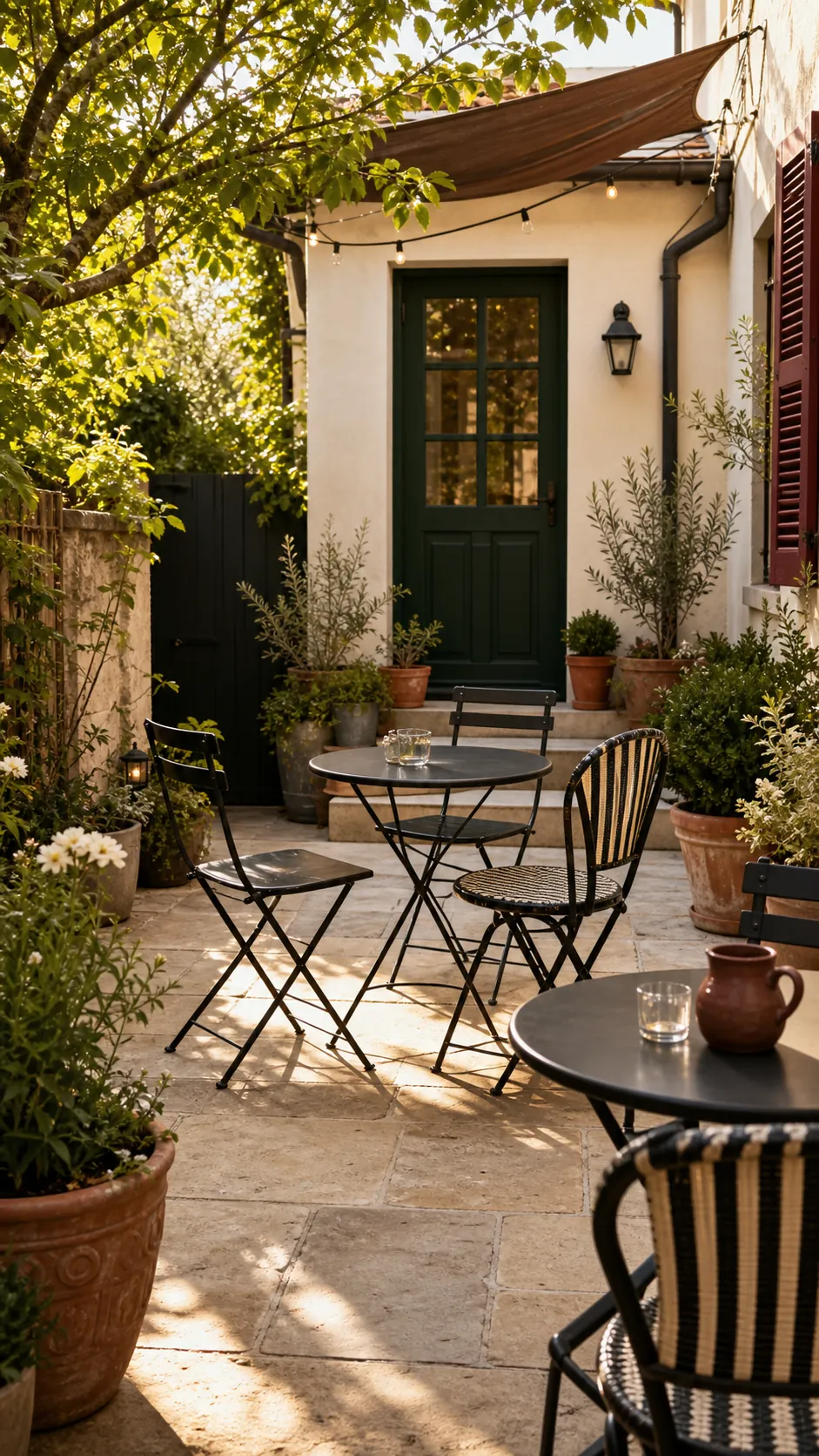 Cohesive French bistro patio in cream black green and weathered red