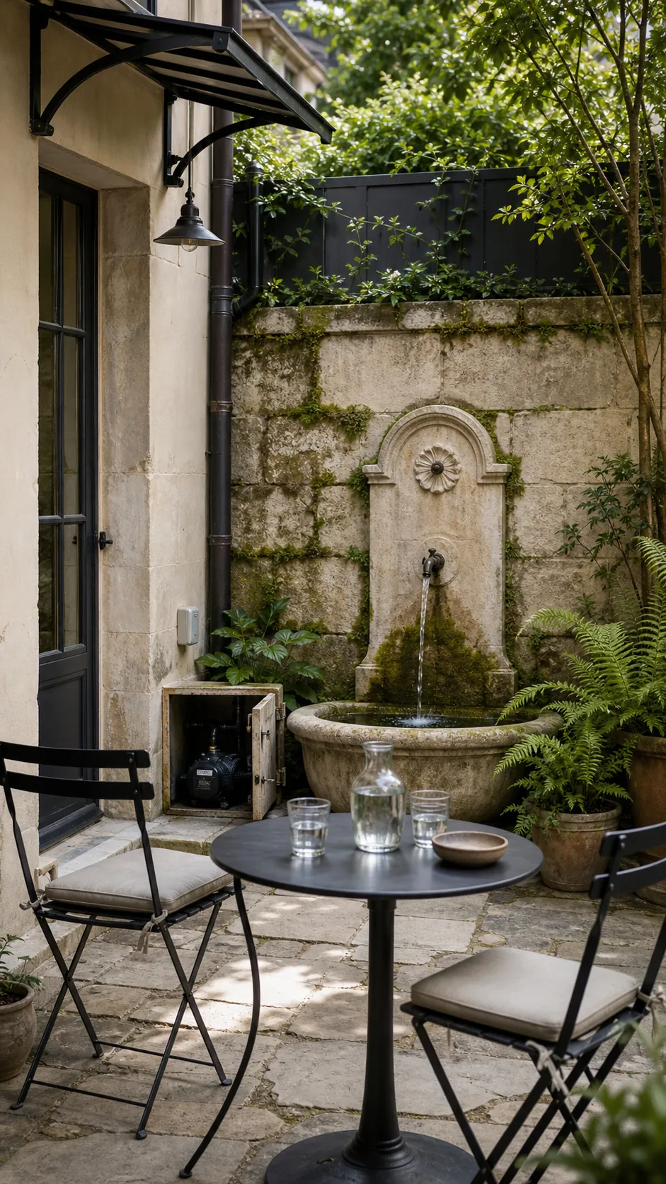 Small recirculating stone fountain beside a French café patio table