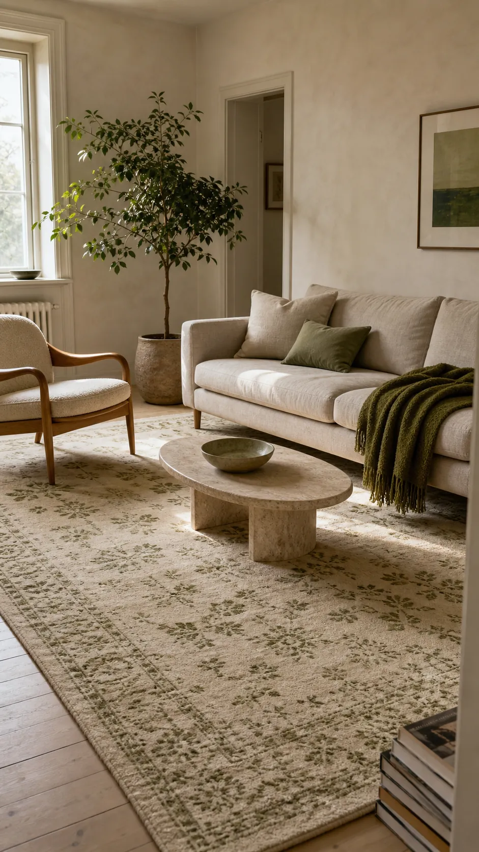 Beige, cream, and green living room rug ideas in a layered neutral interior