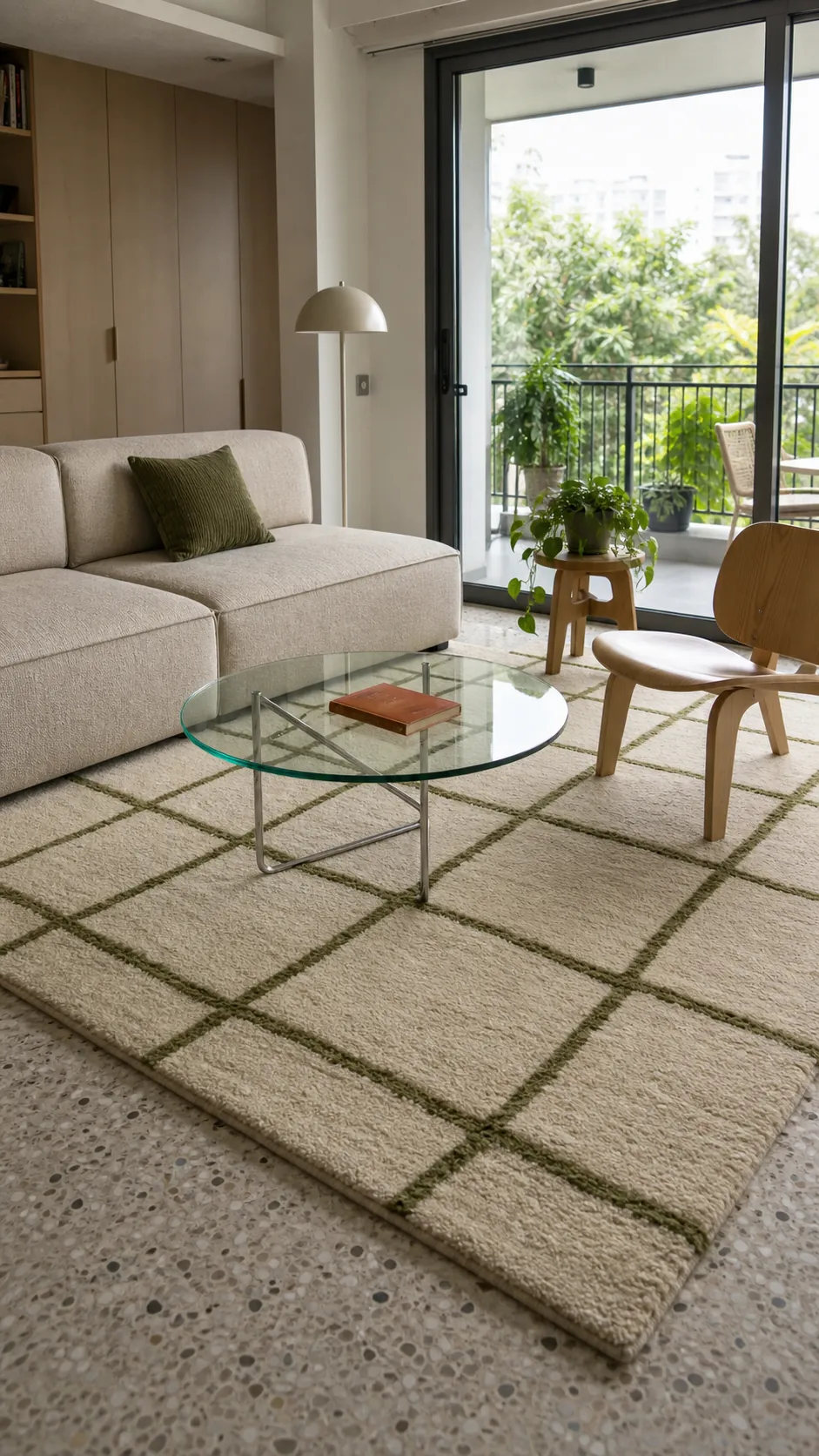 Cream area rug with irregular moss green grid lines in a modern living room