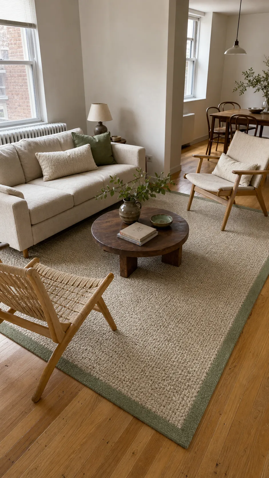 Oatmeal living room rug with a sage green border beneath neutral seating