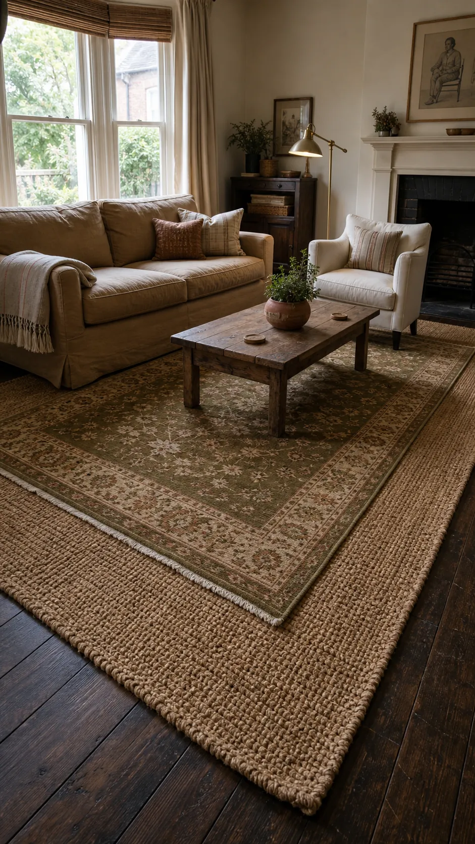 Olive vintage rug layered over a large natural jute rug in a living room