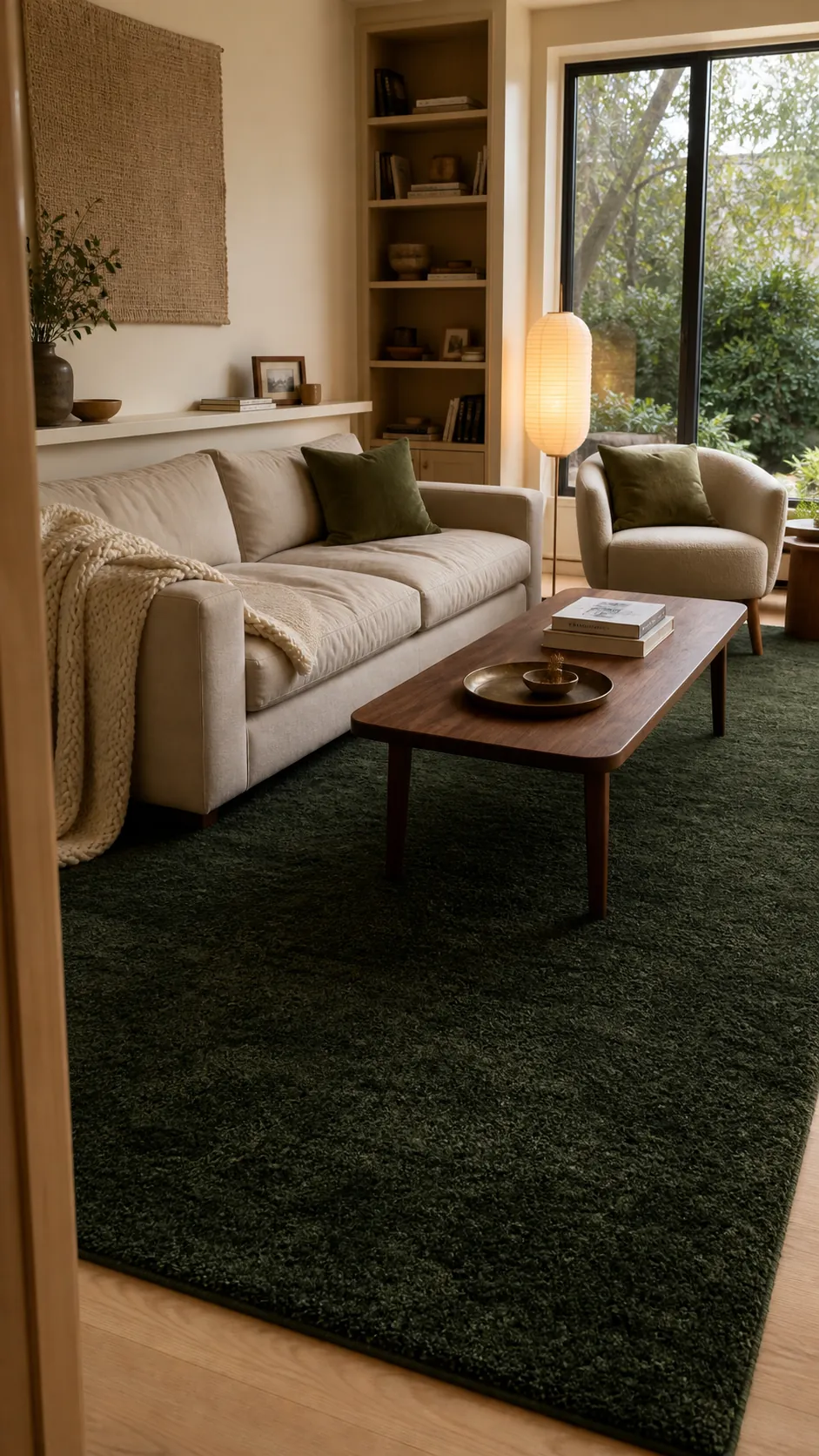 Deep forest green rug anchoring a beige sofa in a warm living room