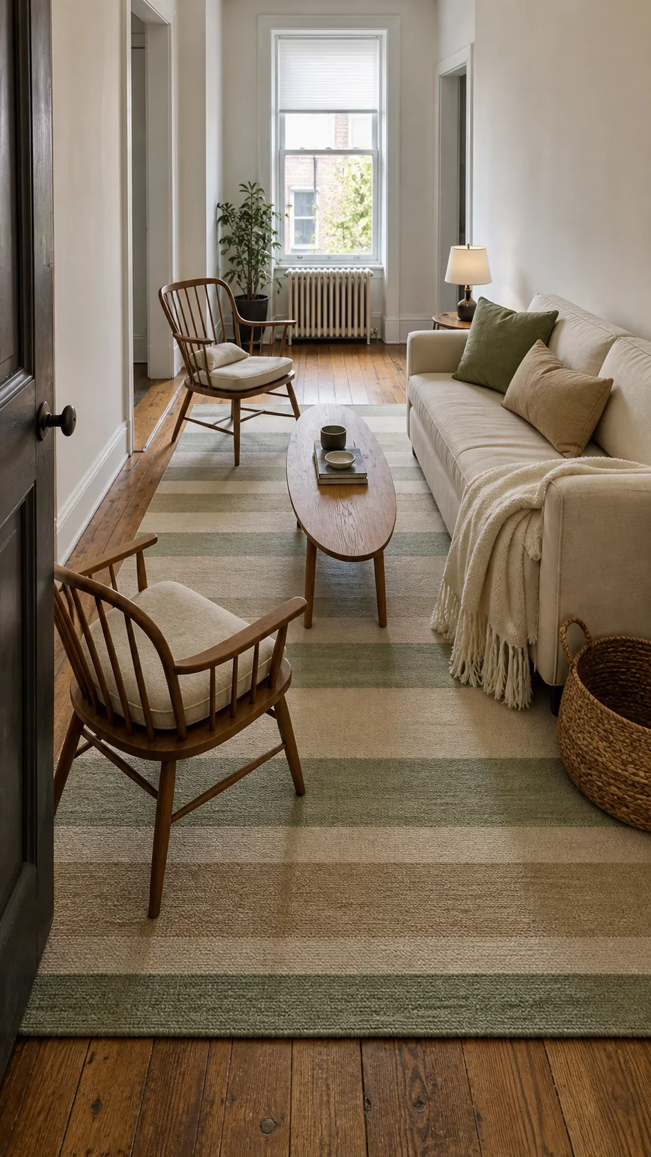 Muted beige cream and green striped rug widening a narrow living room