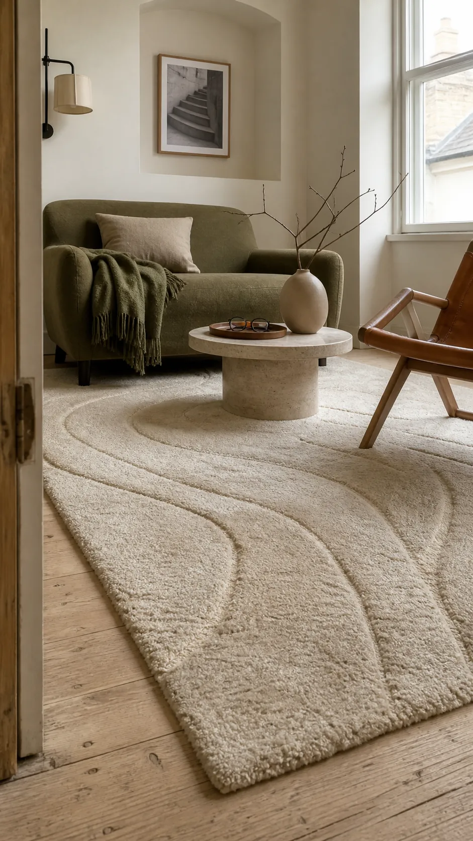 Tonal cream textured rug adding softness to a green-accented living room