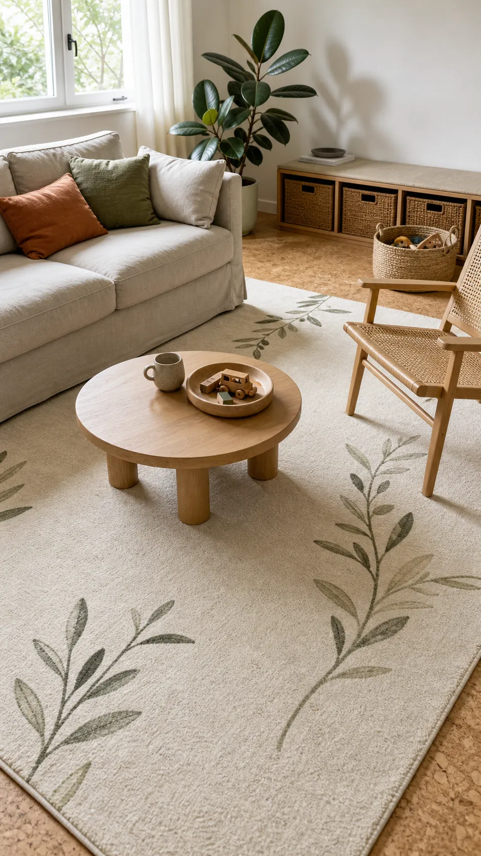 Cream living room rug with an airy olive botanical pattern