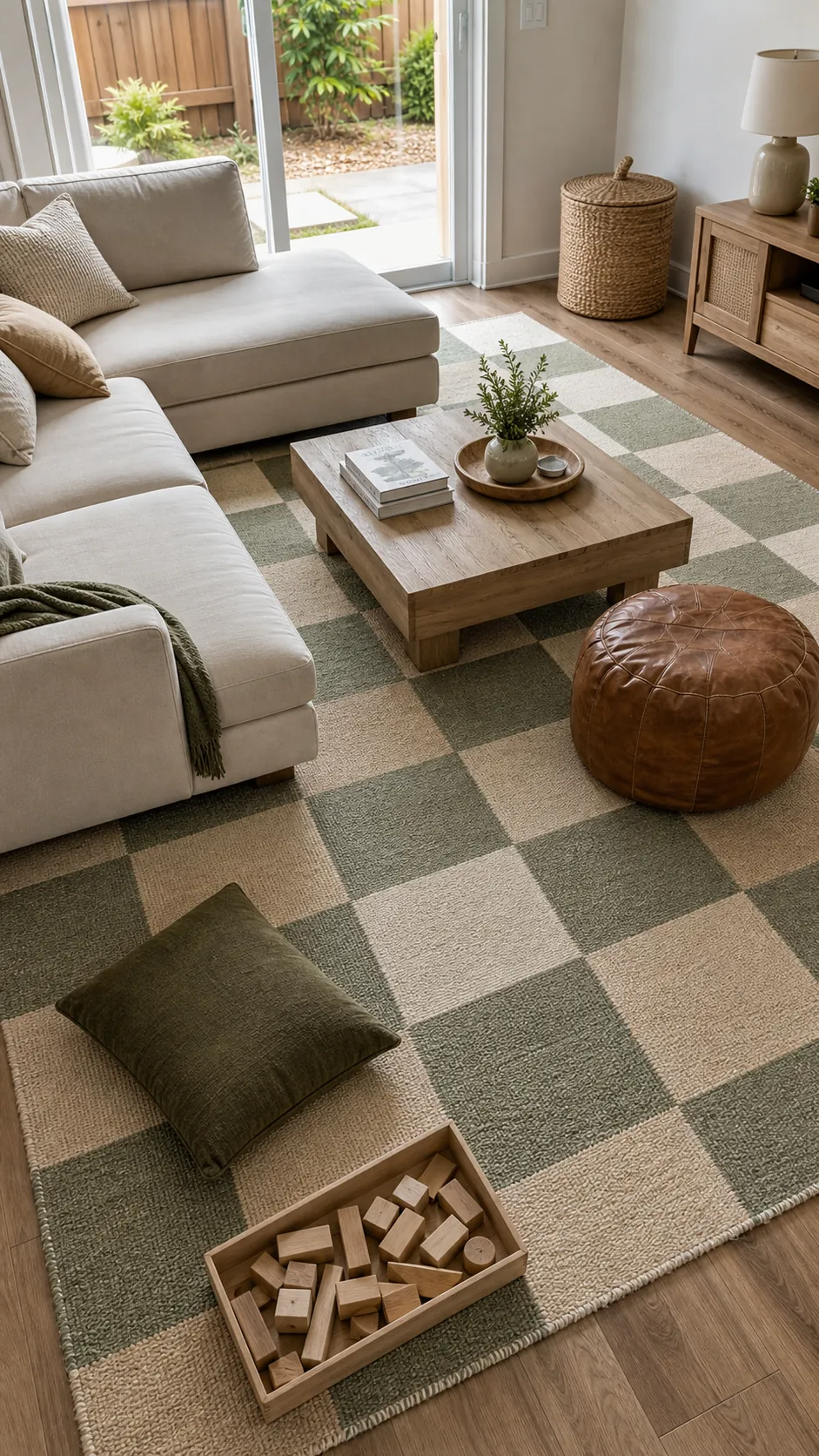 Sage green and biscuit beige checked flatweave rug in a casual living room