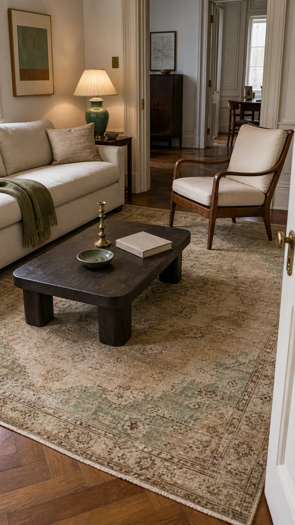Distressed beige and cream medallion rug with celadon green details