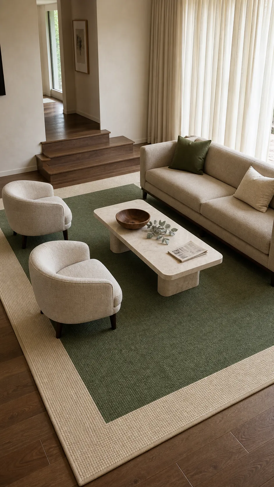 Muted green living room rug with a broad cream border beneath beige seating