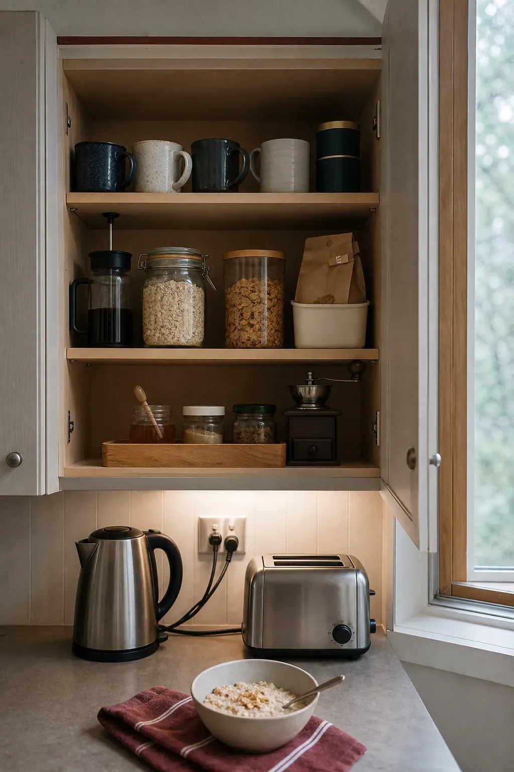 Compact breakfast cabinet with coffee tea mugs and cereal in a tiny kitchen