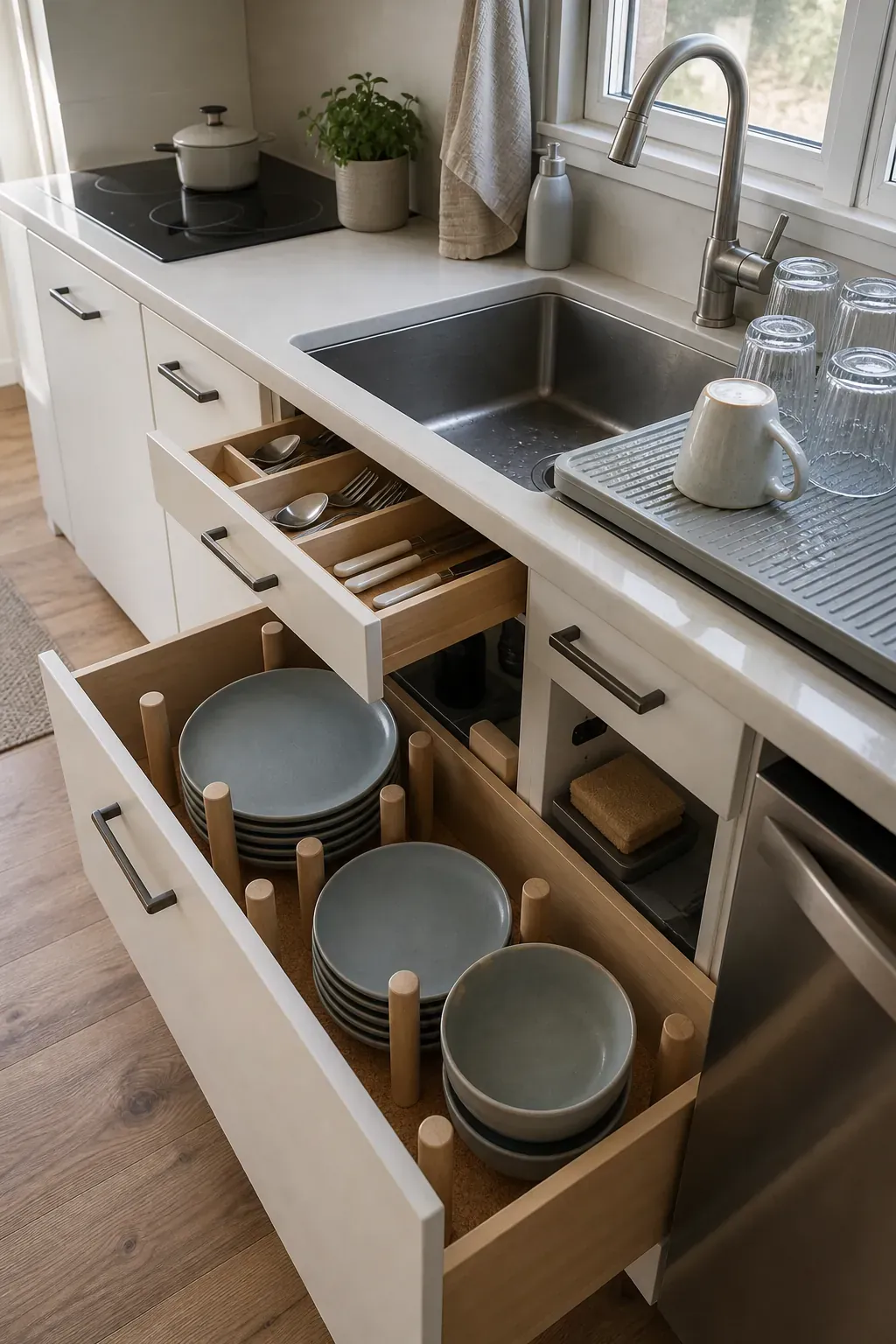 Everyday dishes organized in drawers beside a tiny home kitchen sink