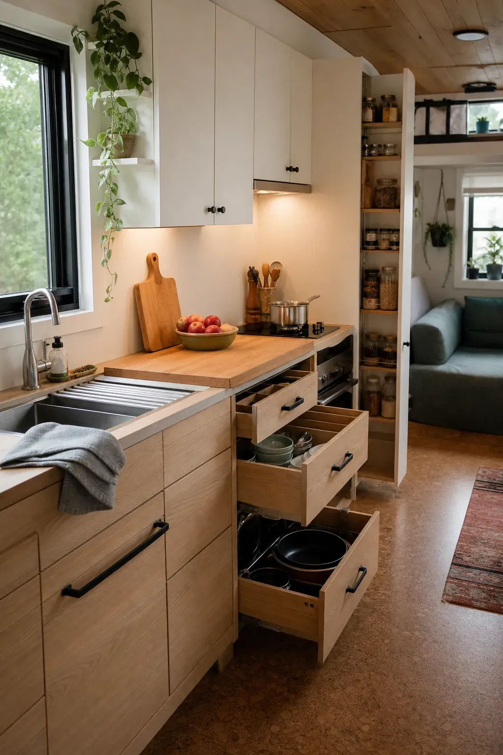 Tiny home kitchen organized into smart cabinet zones