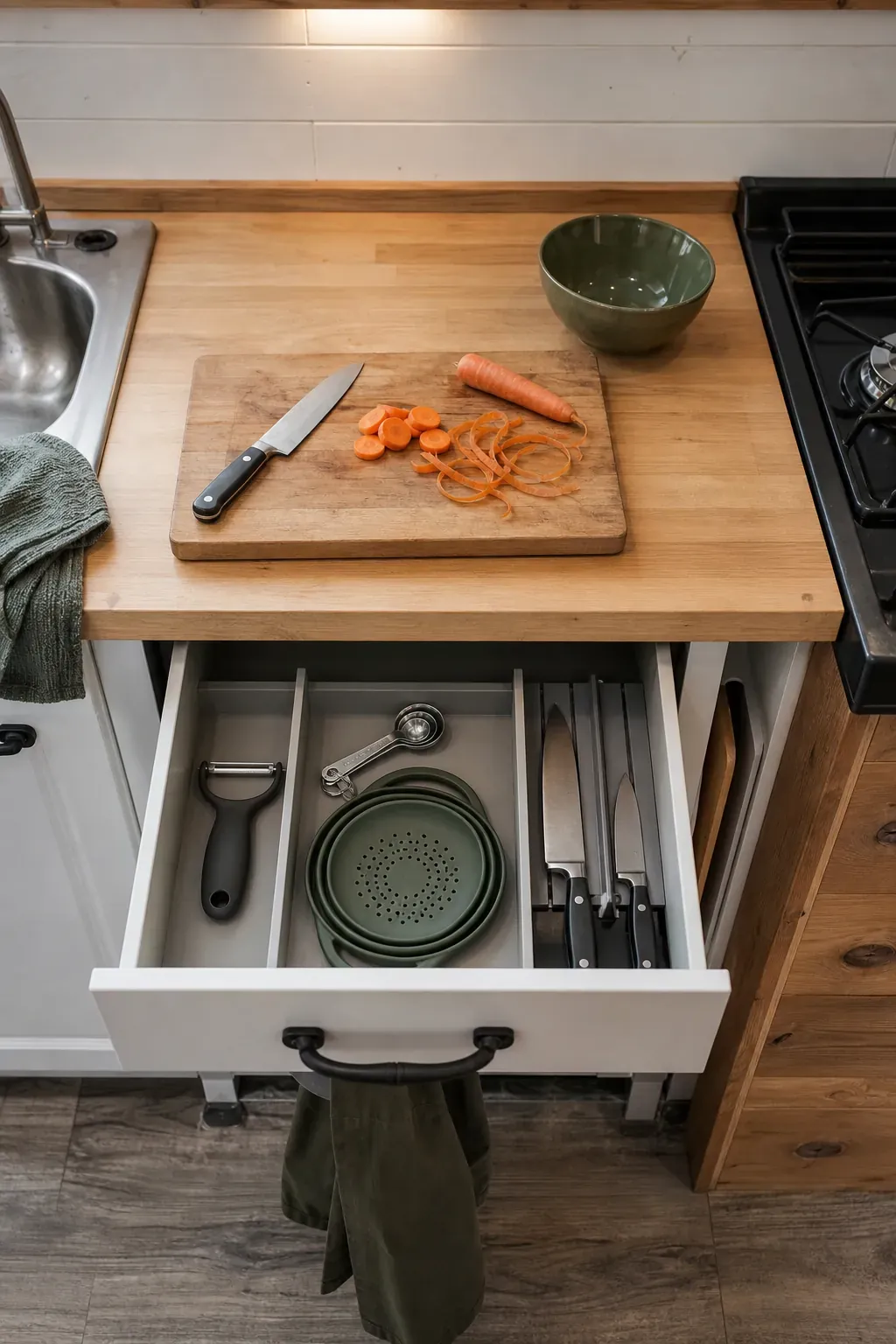 Clear meal prep counter with nearby knife drawer and mixing tools in a tiny house kitchen