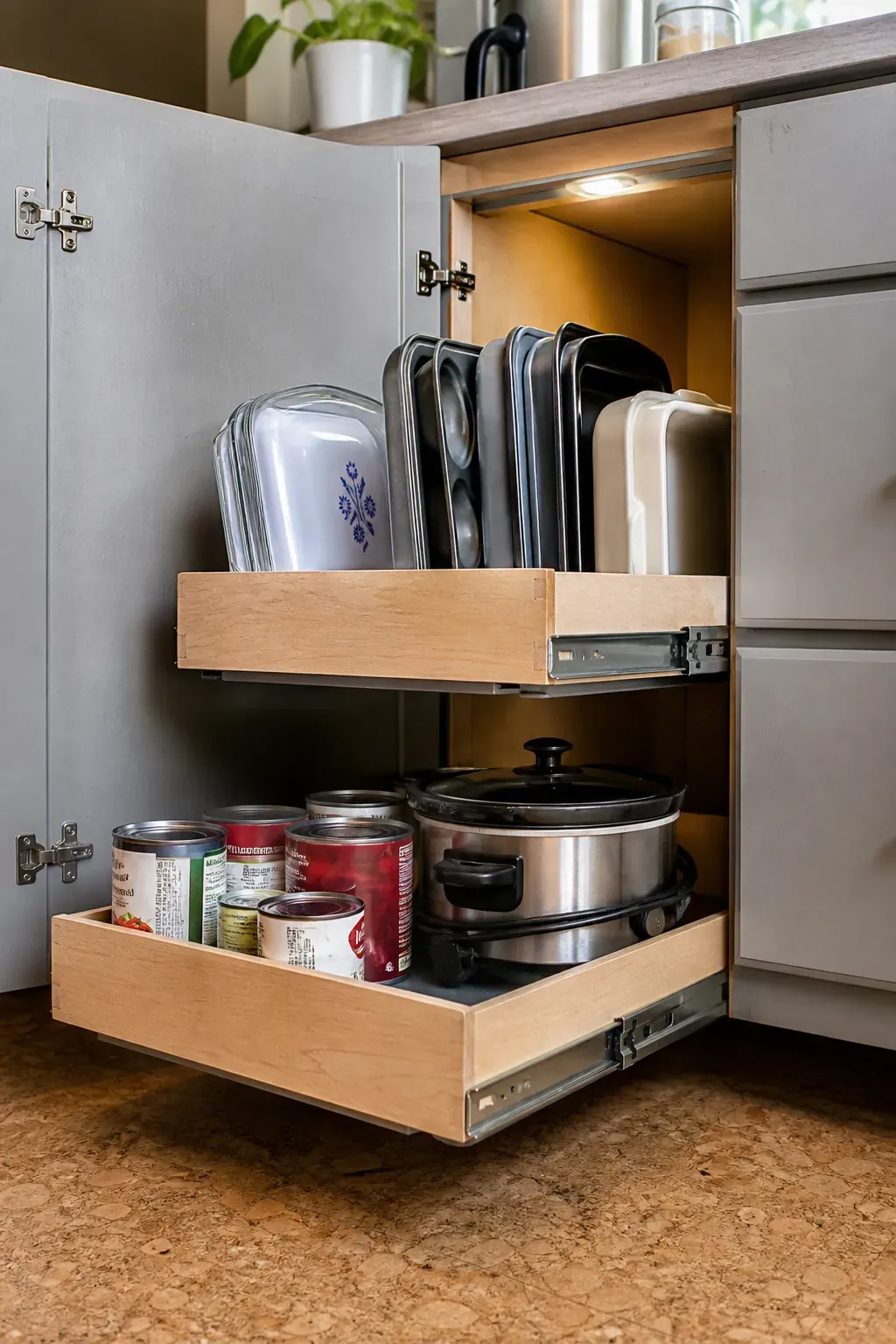 Full-extension pull-out trays inside a deep tiny kitchen base cabinet